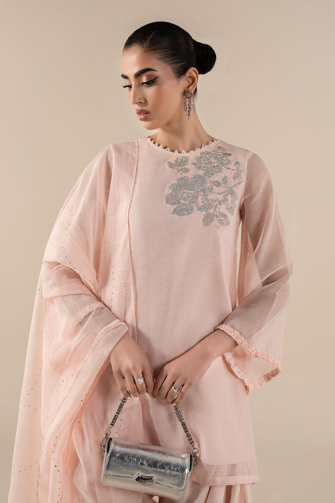 3 Piece Embellished Cotton Net Suit in Pink