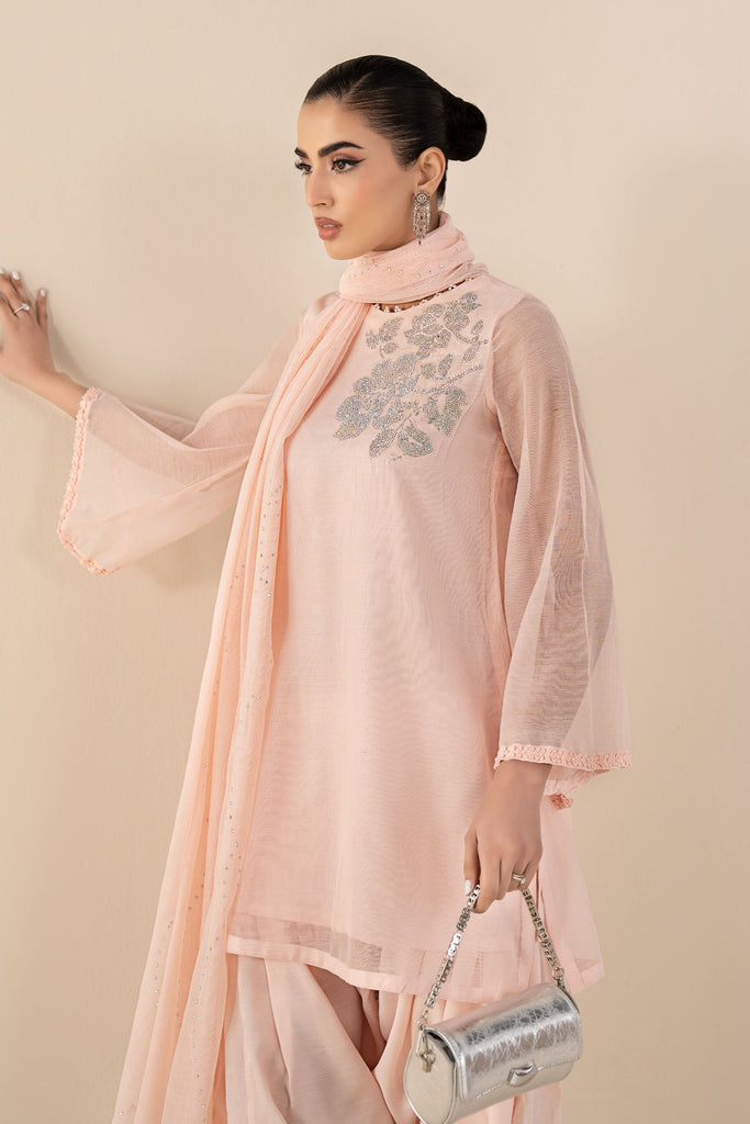 3 Piece Embellished Cotton Net Suit in Pink