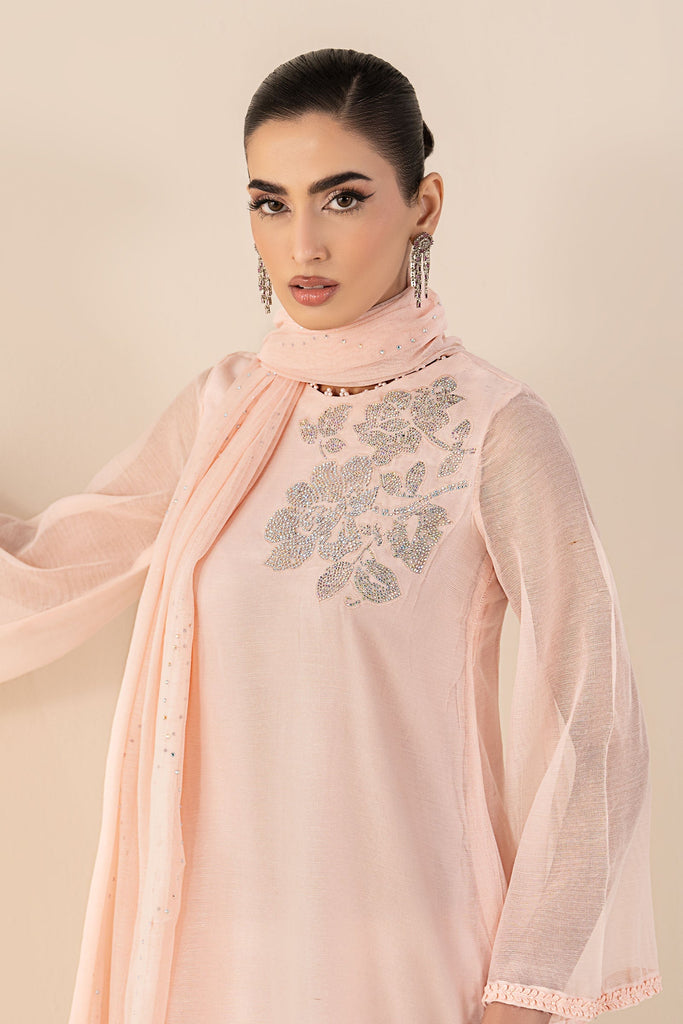 3 Piece Embellished Cotton Net Suit in Pink