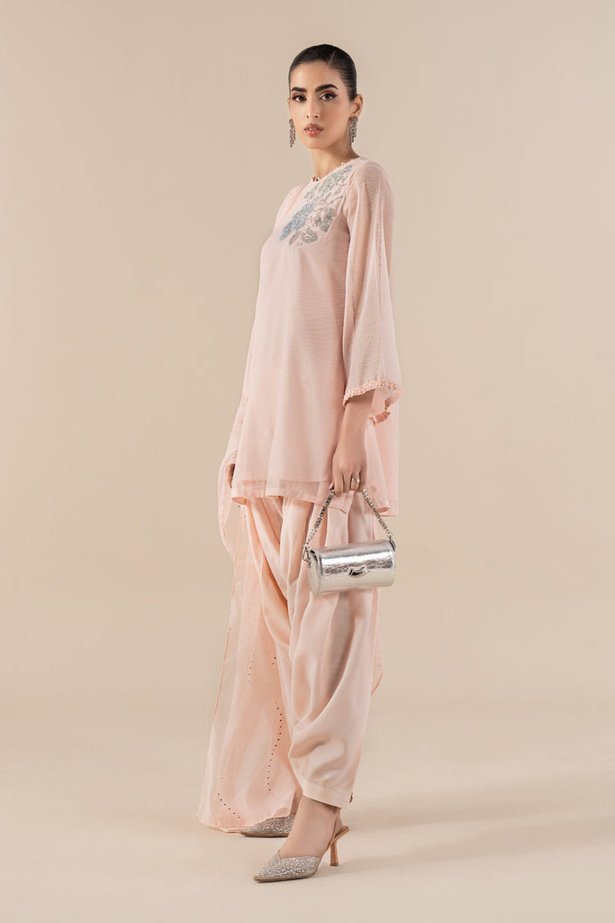 3 Piece Embellished Cotton Net Suit in Pink