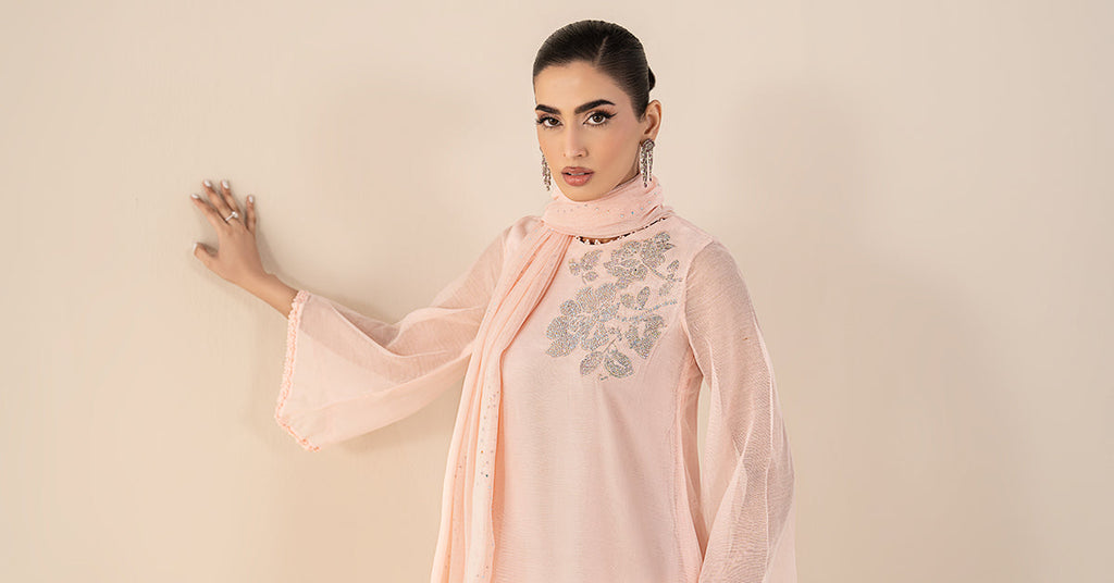 3 Piece Embellished Cotton Net Suit in Pink