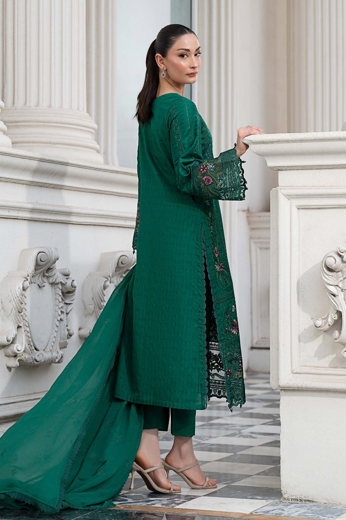 3 Piece Embroidered Dobby Lawn Suit - Green