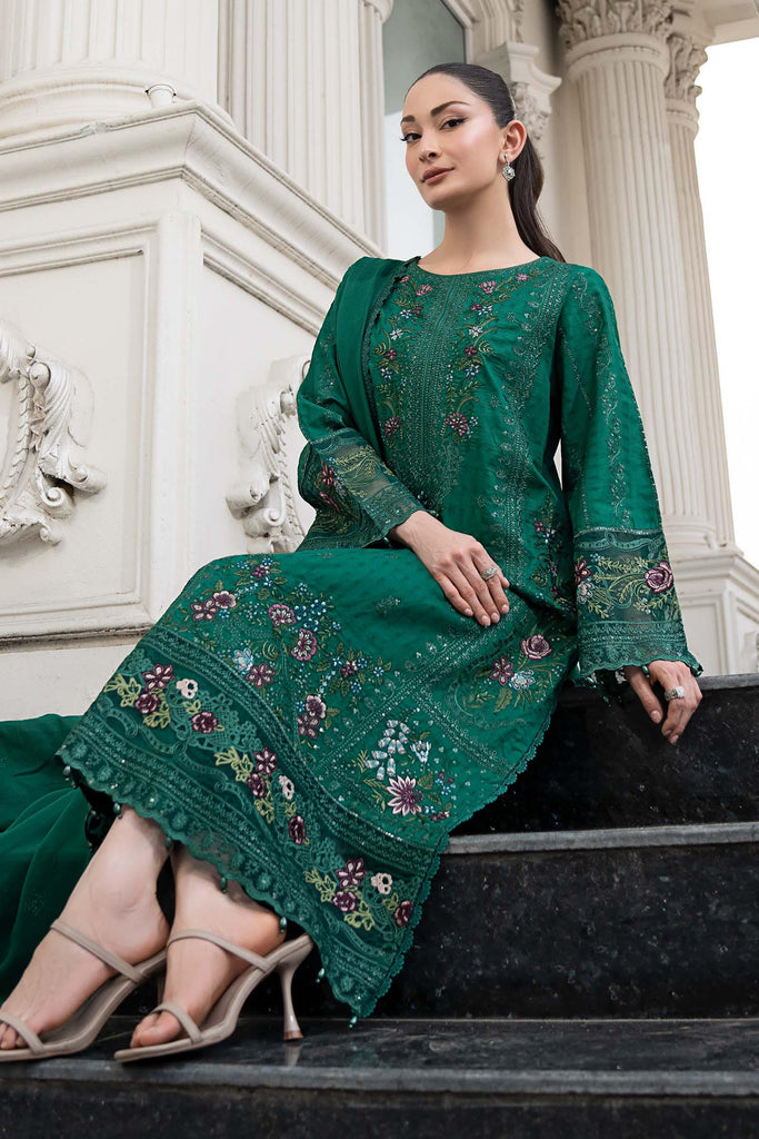 3 Piece Embroidered Dobby Lawn Suit - Green