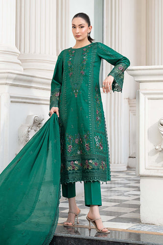3 Piece Embroidered Dobby Lawn Suit - Green