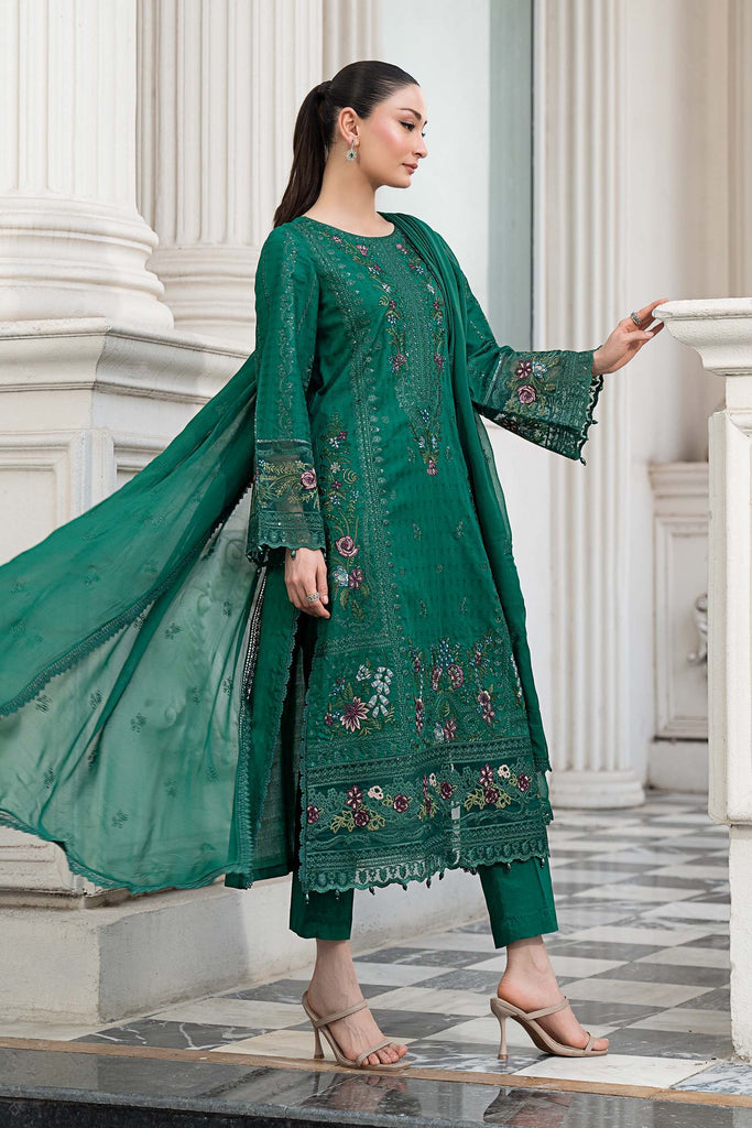 3 Piece Embroidered Dobby Lawn Suit - Green