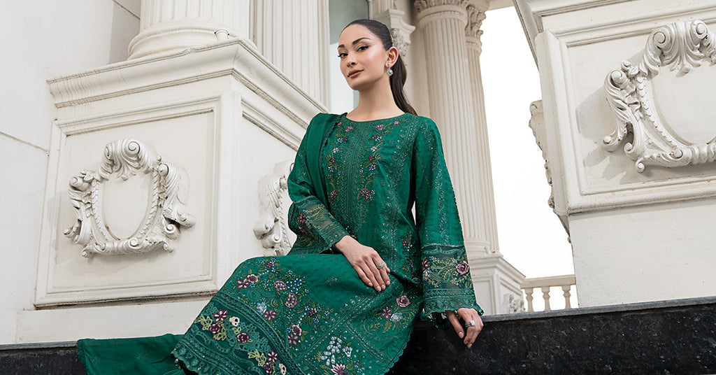 3 Piece Embroidered Dobby Lawn Suit - Green