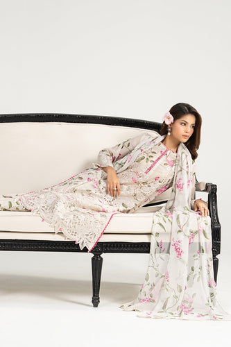 3 Piece Embroidered Paper Cotton Suit for Women – White