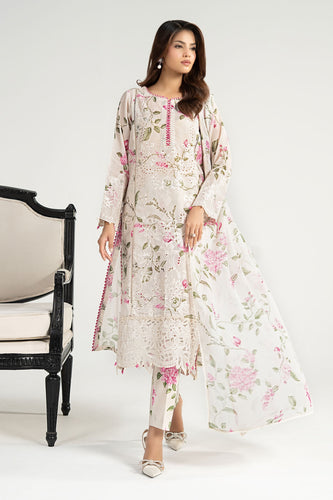 3 Piece Embroidered Paper Cotton Suit for Women – White