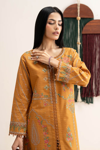 Dobby Lawn 3 Piece Embroidered Suit - Mustard Yellow