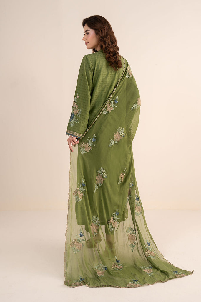 Dobby Jacquard 3 Piece Embroidered Suit - Green