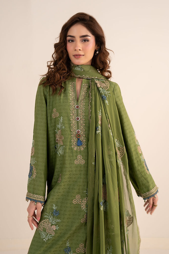 Dobby Jacquard 3 Piece Embroidered Suit - Green