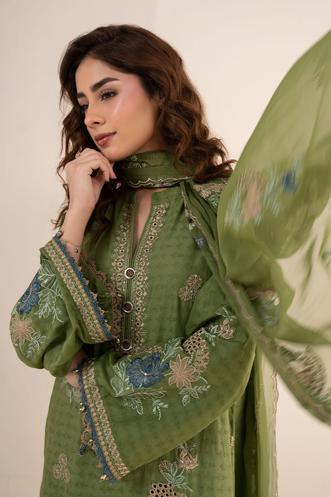 Dobby Jacquard 3 Piece Embroidered Suit - Green