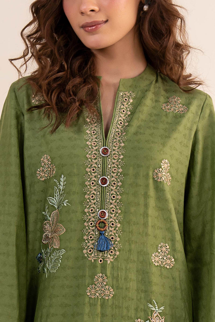 Dobby Jacquard 3 Piece Embroidered Suit - Green