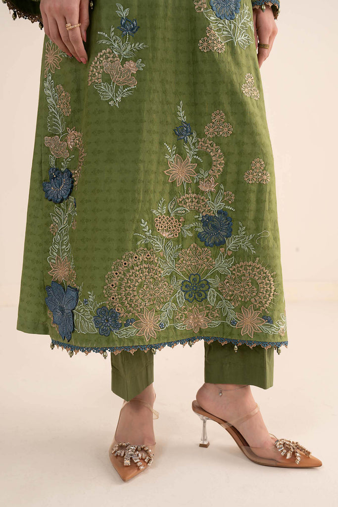 Dobby Jacquard 3 Piece Embroidered Suit - Green