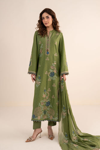 Dobby Jacquard 3 Piece Embroidered Suit - Green
