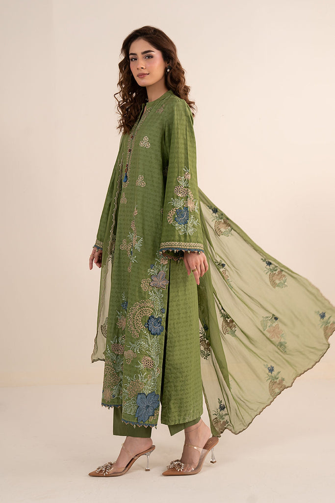 Dobby Jacquard 3 Piece Embroidered Suit - Green