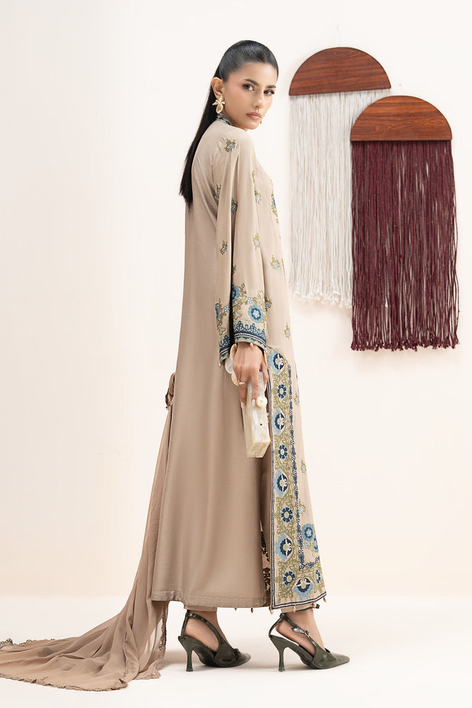3 Piece Embroidered Arabic Lawn Suit – Coffee Brown