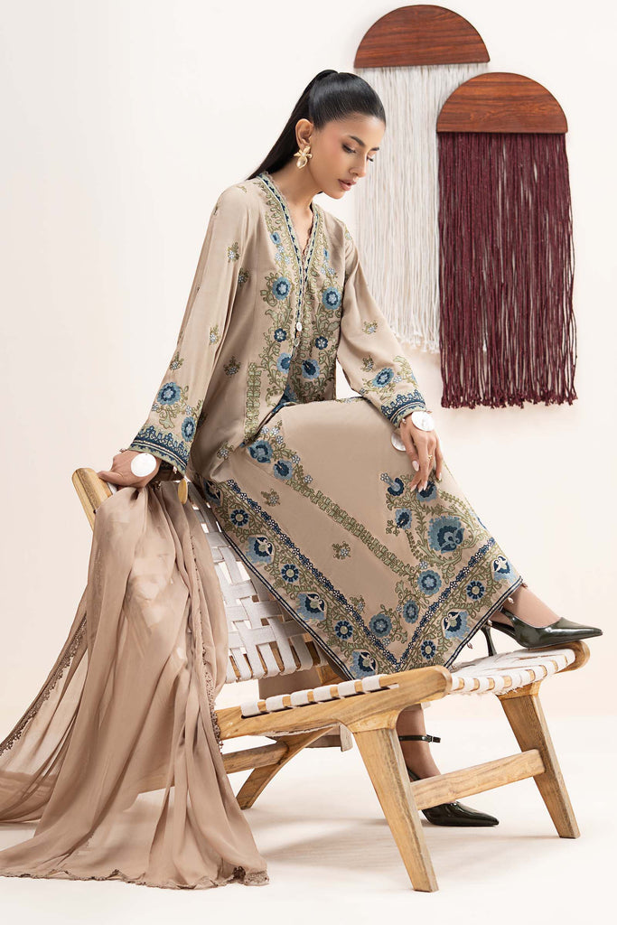 3 Piece Embroidered Arabic Lawn Suit – Coffee Brown