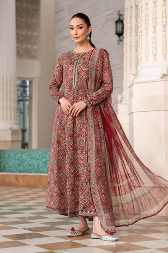 Embroidered Lawn Frock 3 Piece Suit - Maroon