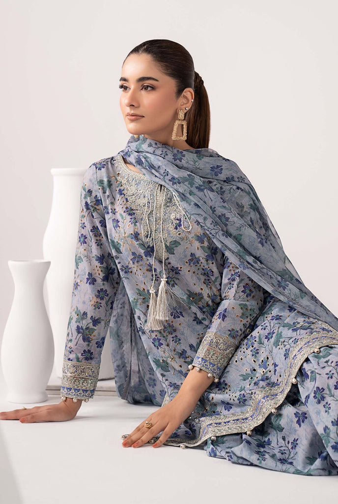 3 Piece Embroidered Blue Lawn Suit with Gharara