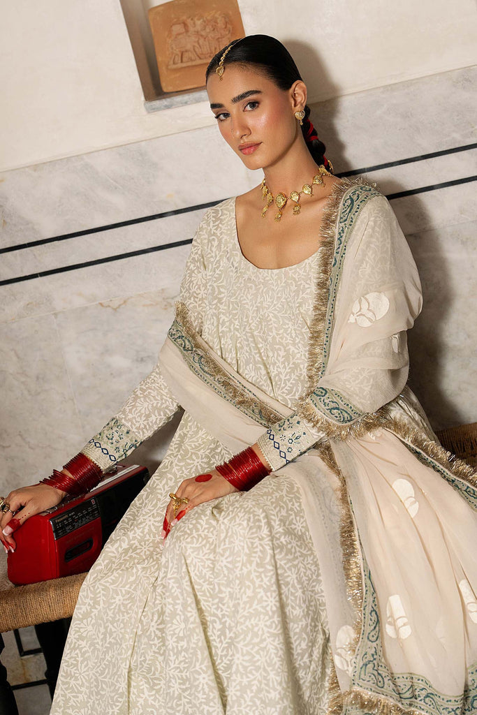 3 Piece Block Printed Lawn Frock Suit – White