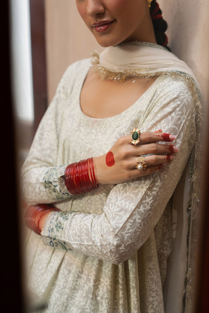 3 Piece Block Printed Lawn Frock Suit – White