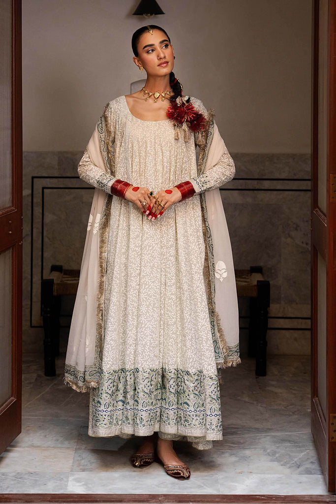 3 Piece Block Printed Lawn Frock Suit – White