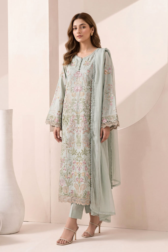 3 Piece Embroidered Dobby Jacquard Suit – Sea Green
