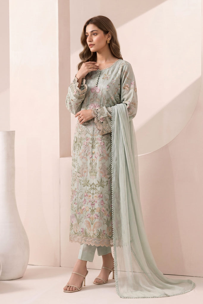 3 Piece Embroidered Dobby Jacquard Suit – Sea Green