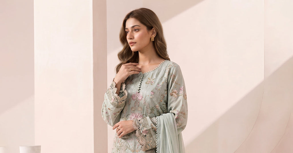 3 Piece Embroidered Dobby Jacquard Suit – Sea Green