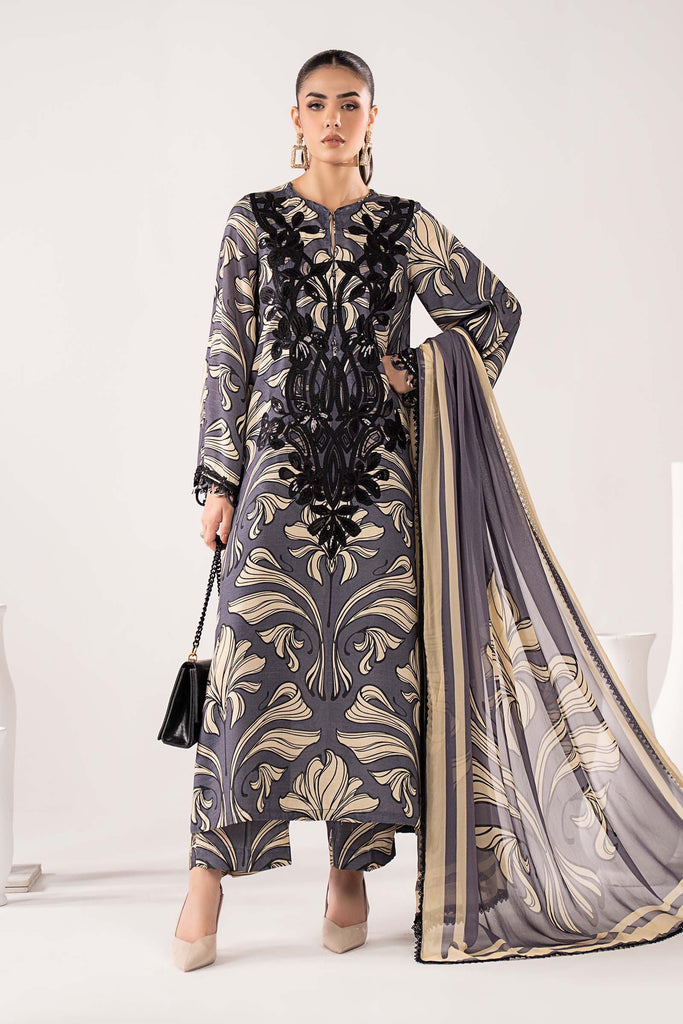 3 Piece Embroidered Raw Silk Suit for Women - Blue