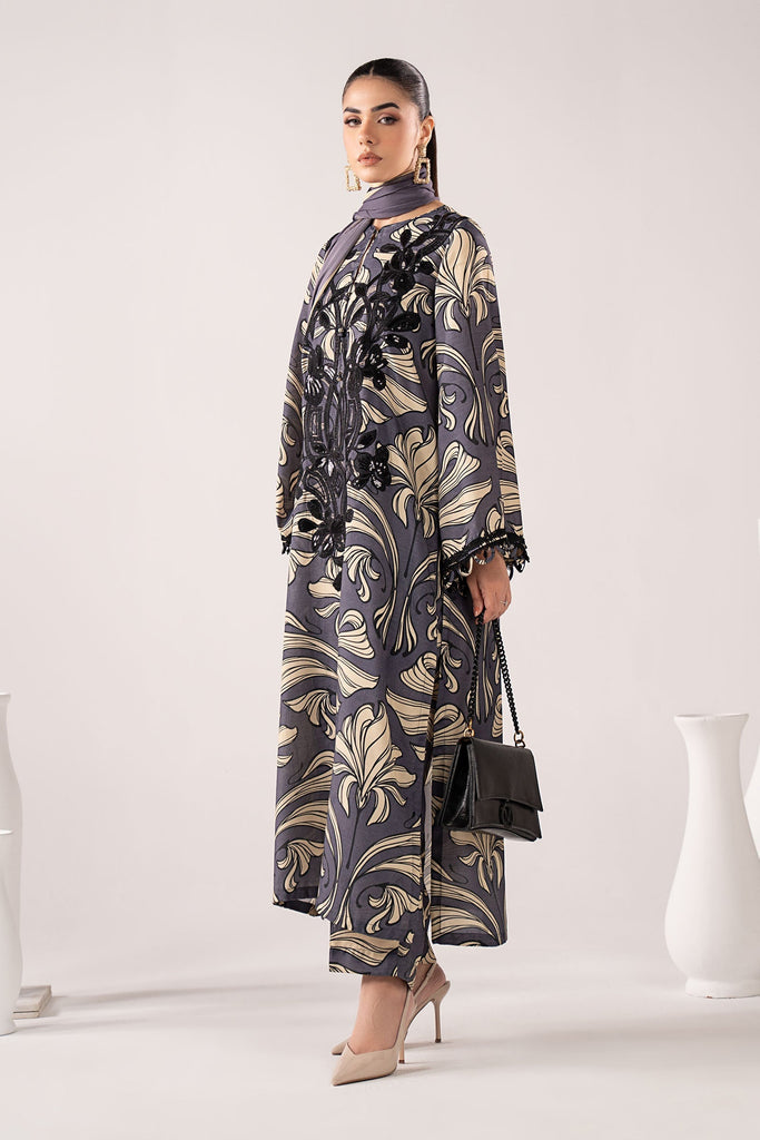 3 Piece Embroidered Raw Silk Suit for Women - Blue