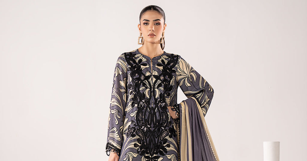 3 Piece Embroidered Raw Silk Suit for Women - Blue