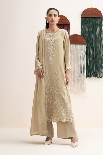 3 Piece Embroidered Raw Silk Suit – Olive Green