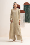 3 Piece Embroidered Raw Silk Suit – Olive Green