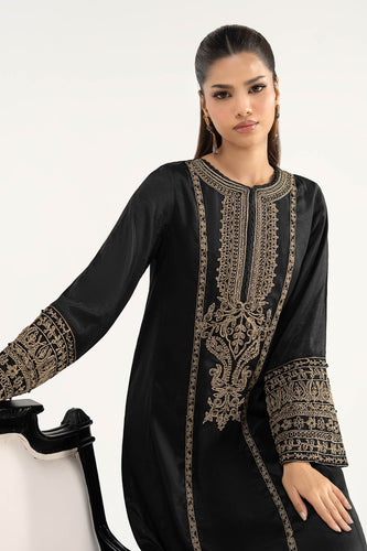 2 Piece Embroidered Raw Silk Suit - Black