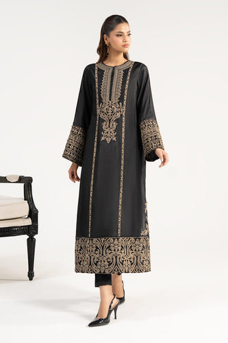 2 Piece Embroidered Raw Silk Suit - Black