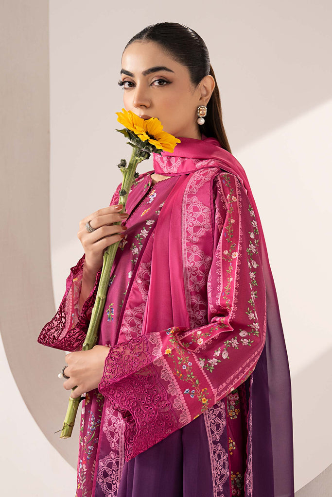3 Piece Embroidered Purple Lawn Suit with Ombre Dupatta