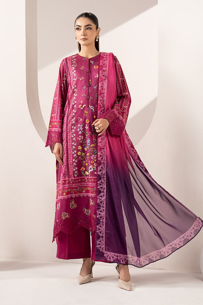 3 Piece Embroidered Purple Lawn Suit with Ombre Dupatta