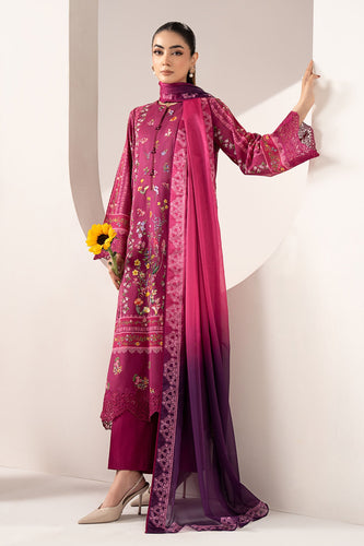 3 Piece Embroidered Purple Lawn Suit with Ombre Dupatta