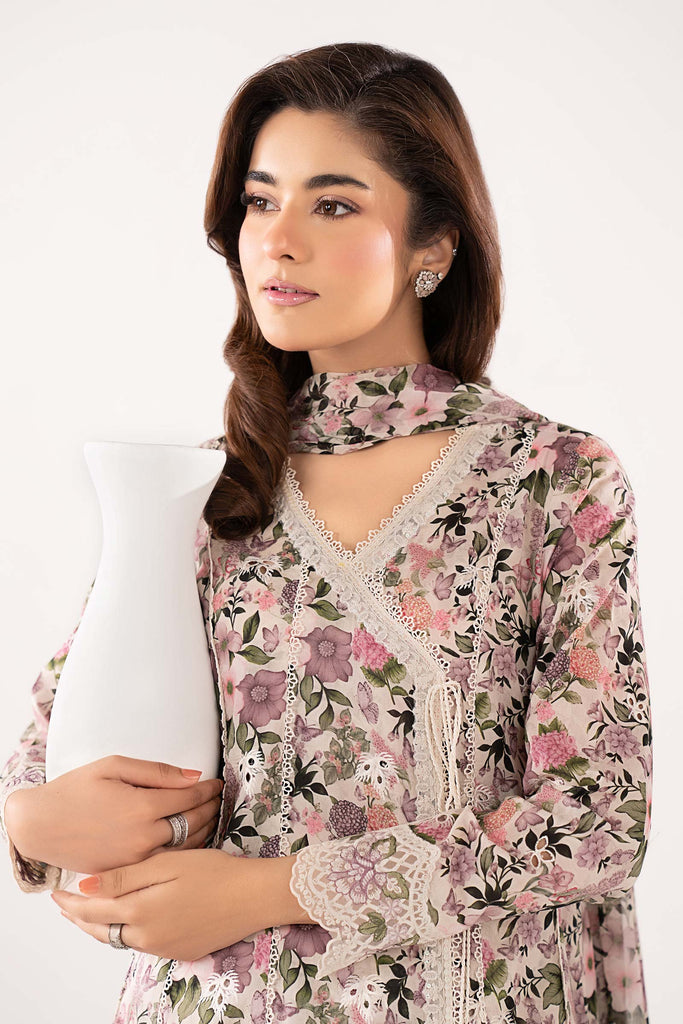 Printed Angrakha Embroidered Lawn Suit - Off-White