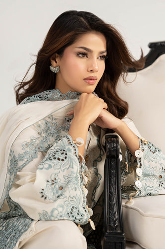 Front-Open 3 Piece Embroidered Lawn Suit - Off White