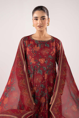 Maroon 3 Piece Embroidered Raw Silk Suit for Women