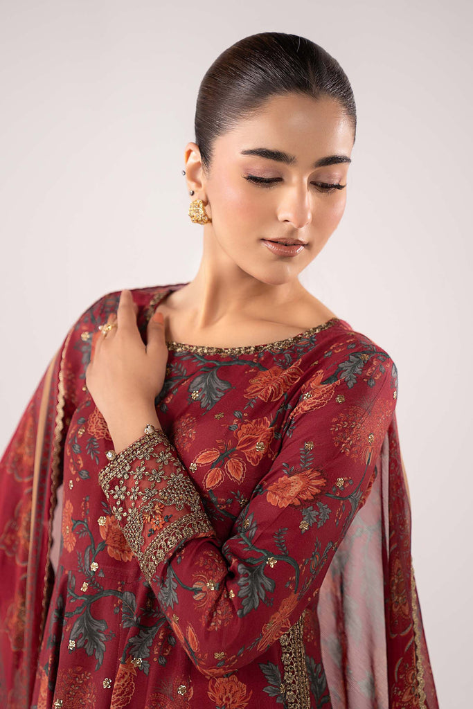 Maroon 3 Piece Embroidered Raw Silk Suit for Women