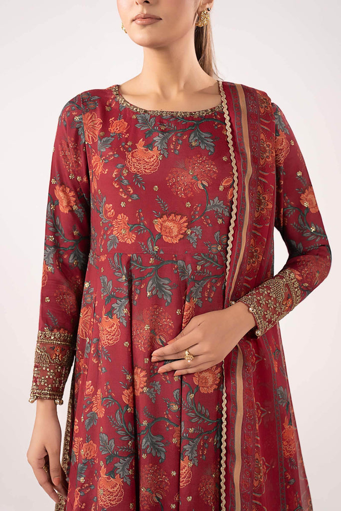 Maroon 3 Piece Embroidered Raw Silk Suit for Women