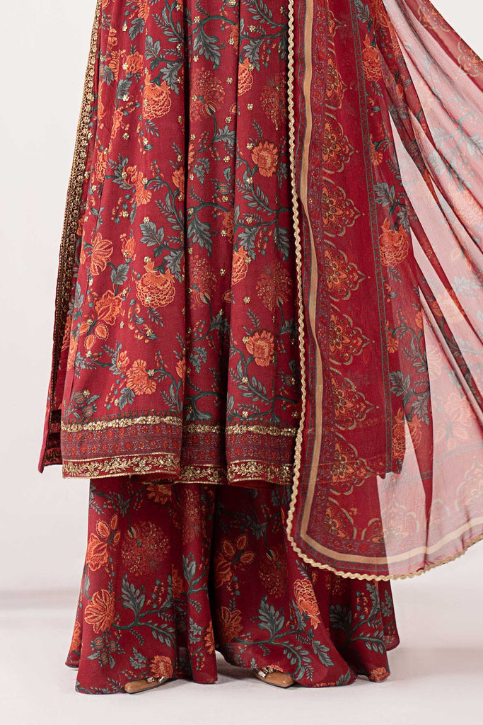 Maroon 3 Piece Embroidered Raw Silk Suit for Women