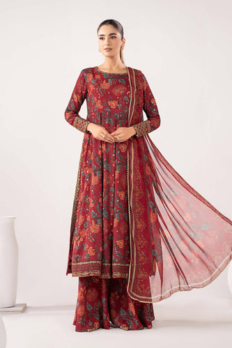 Maroon 3 Piece Embroidered Raw Silk Suit for Women