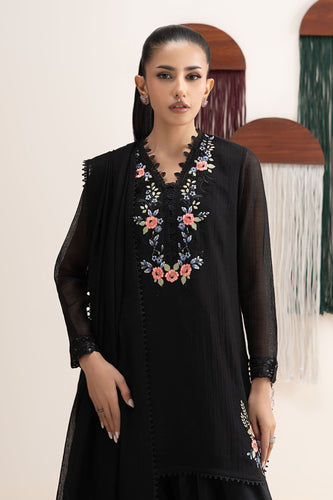 3 Piece Embroidered Cotton Net Suit for Women – Black