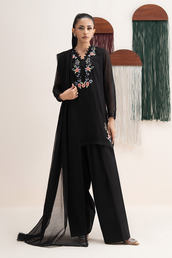3 Piece Embroidered Cotton Net Suit for Women – Black