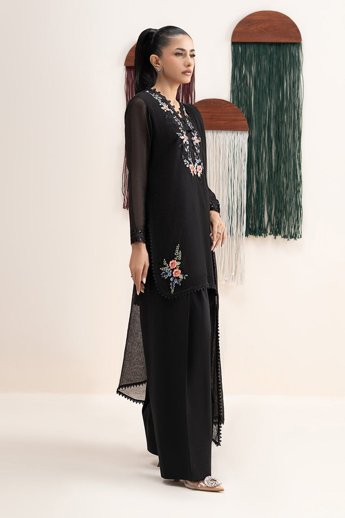 3 Piece Embroidered Cotton Net Suit for Women – Black
